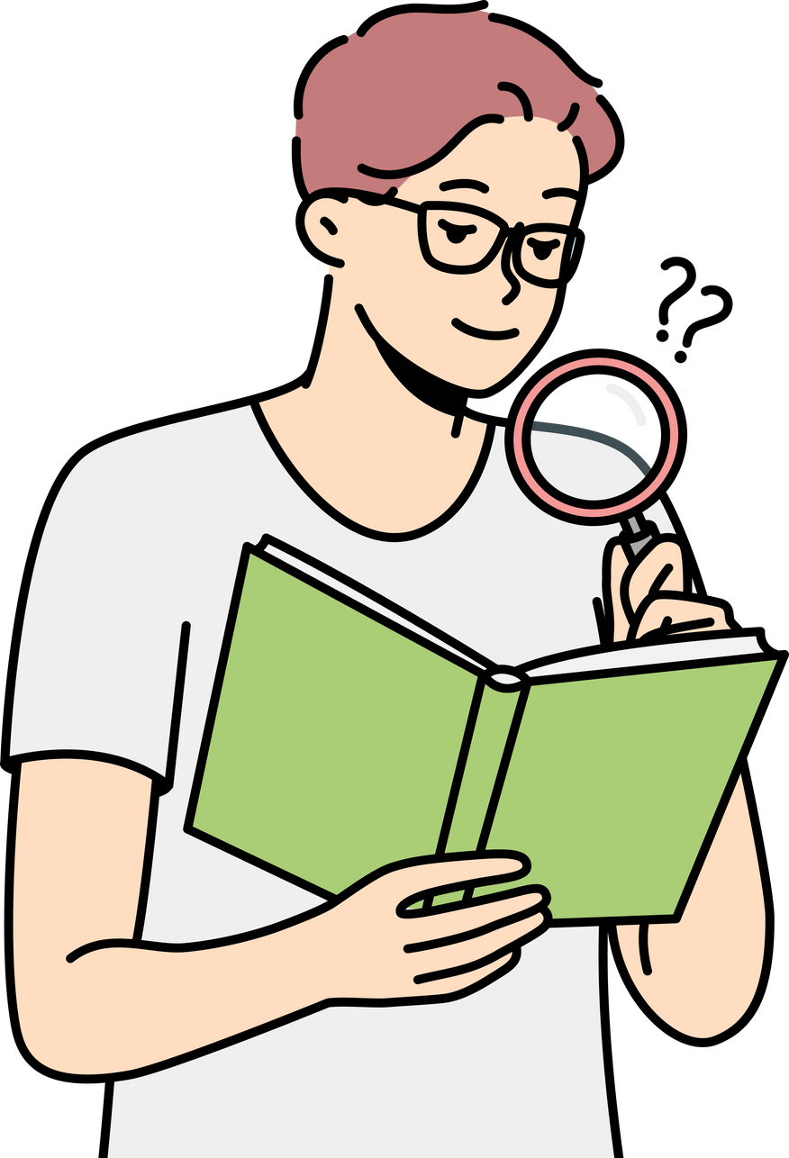 Spectacled Man Reading Book Using Magnifying Glass.